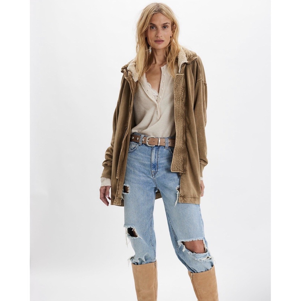 Free People Faux Fur Lined‎ Zip Hoodie Swiss Cocoa Brown Small NWT FP One Cedar - Picture 3 of 3